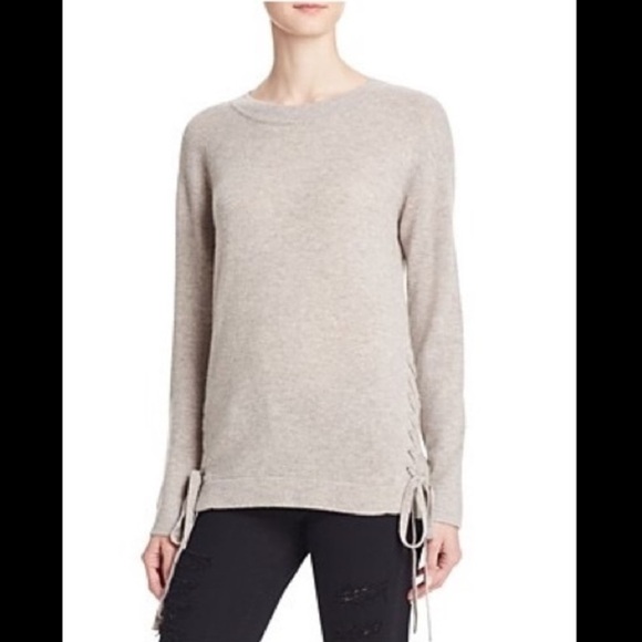 Aqua Sweaters - Aqua Cashmere Heather Gray Taupe Crew Neck 💯 Cashmere Sweater lace up side sz L